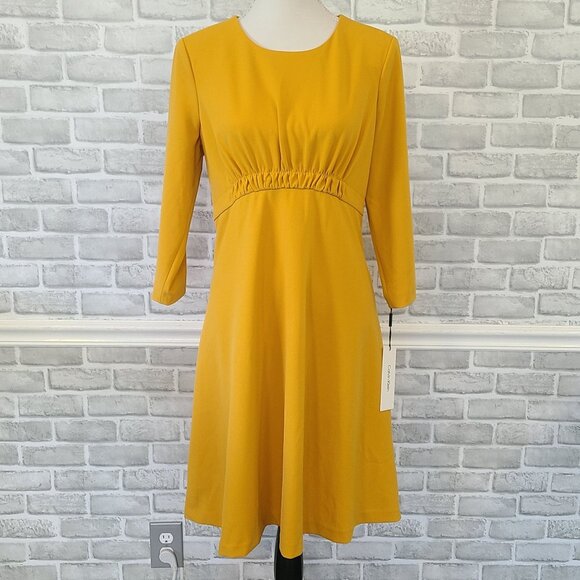Calvin Klein Dresses & Skirts - Calvin Klein Yellow A-line Dress Cinched Empire Waist NEW 14 Career Quiet Luxury